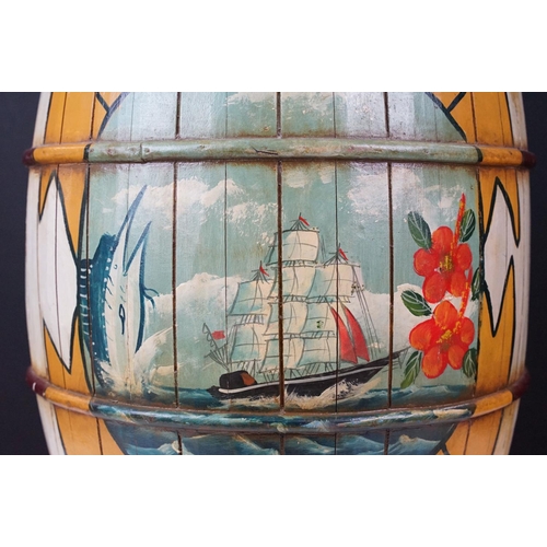 150 - Large Hand Painted ' Island's Bounty ' decorative Ship's style Barrel and Lid, painted with a panel ... 