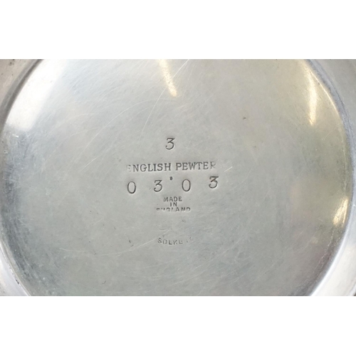 254 - An early twentieth century pewter tea set with peacock enamel decoration in the style of archibald k... 