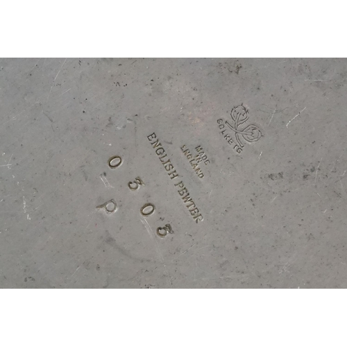 254 - An early twentieth century pewter tea set with peacock enamel decoration in the style of archibald k... 