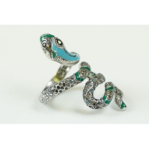 296 - A contemporary 925 sterling silver and enamel ring in the form of a snake, marked 925 to the verso.