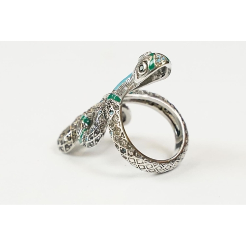 296 - A contemporary 925 sterling silver and enamel ring in the form of a snake, marked 925 to the verso.