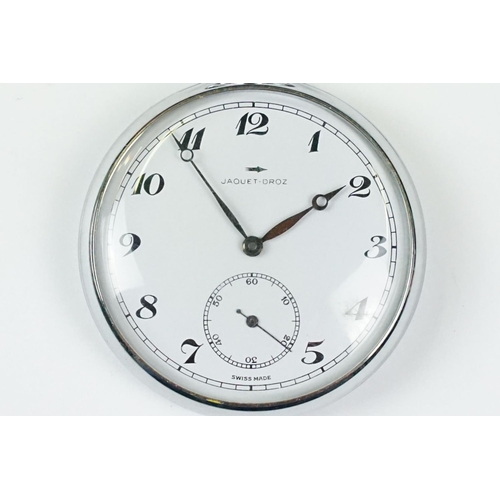 309 - Jaquet-Droz swiss made chrome manual wind pocket watch in original box