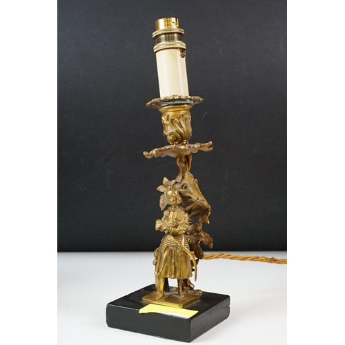 431 - Pair of brass table lamps of classical form, the supports modelled as spiralling leaves with soldier... 