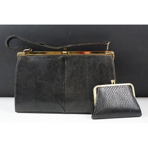 432 - Two vintage Mappin & Webb snake skin handbags each having yellow metal purse clasps and makers label... 