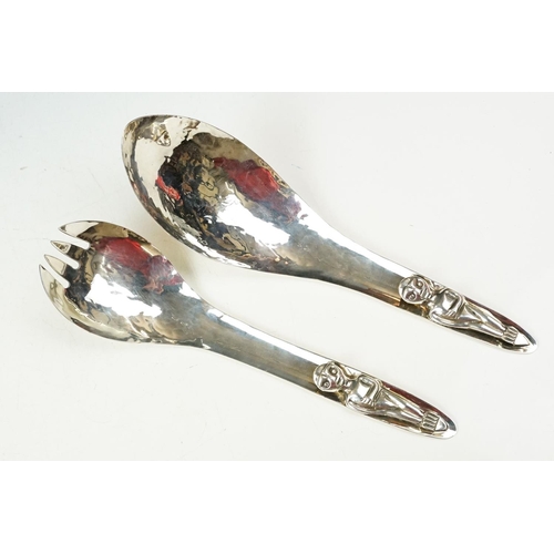 197 - Pair of North Indian Tribe Hammered Silver Plated Canadian ' Kwakiutl Indian ' Salad Servers, the ha... 
