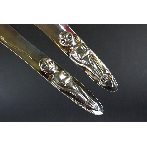 197 - Pair of North Indian Tribe Hammered Silver Plated Canadian ' Kwakiutl Indian ' Salad Servers, the ha... 