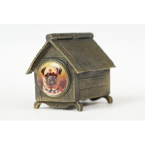 205 - Brass dog house style vesta case with enamel plaque