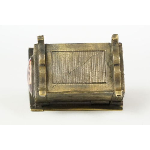 205 - Brass dog house style vesta case with enamel plaque