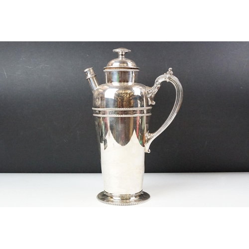 220 - A large silver plated prohibition coffee pot cocktail shaker, markings to base.