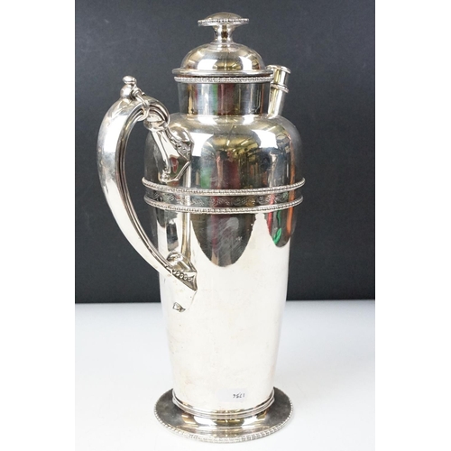 220 - A large silver plated prohibition coffee pot cocktail shaker, markings to base.