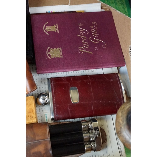 339 - A box of mixed collectables to include turned wooden trinket boxes, Zeiss tripod, GWR rule book and ... 