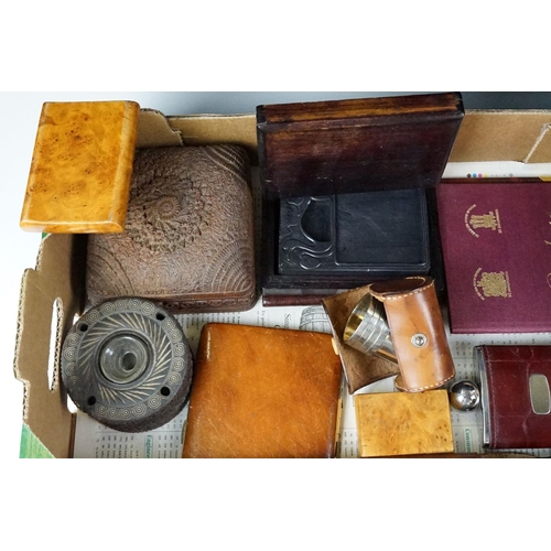 339 - A box of mixed collectables to include turned wooden trinket boxes, Zeiss tripod, GWR rule book and ... 