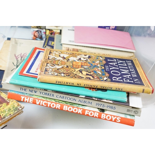 348 - A box of mixed collectables to include ephemera, books, postcards and a Beswick figurine.