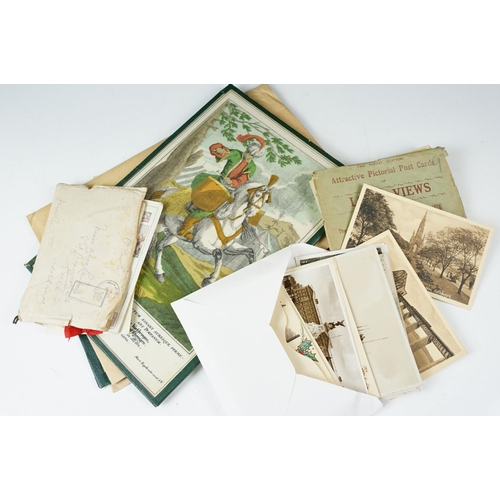 348 - A box of mixed collectables to include ephemera, books, postcards and a Beswick figurine.