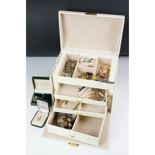 257 - Jewellery box and content to include brooches, watches, ring, bracelets and silver