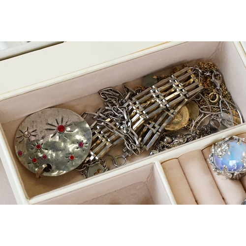 257 - Jewellery box and content to include brooches, watches, ring, bracelets and silver