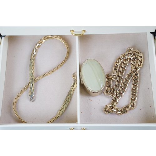 257 - Jewellery box and content to include brooches, watches, ring, bracelets and silver