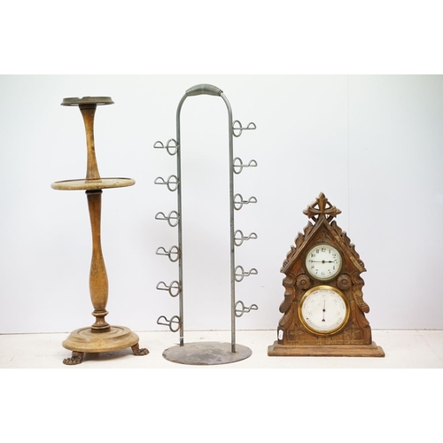 179 - Late 19th / early 20th century wooden ashtray raised on three paw feet, a carved oak mantel clock & ... 