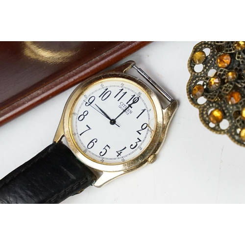 367 - Jewellery box and contents including silver multi stone dress ring, watches and brooches