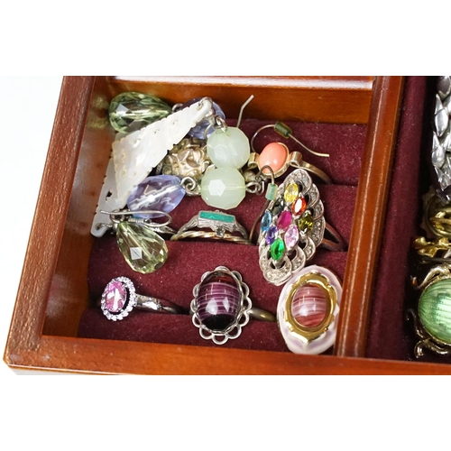 367 - Jewellery box and contents including silver multi stone dress ring, watches and brooches