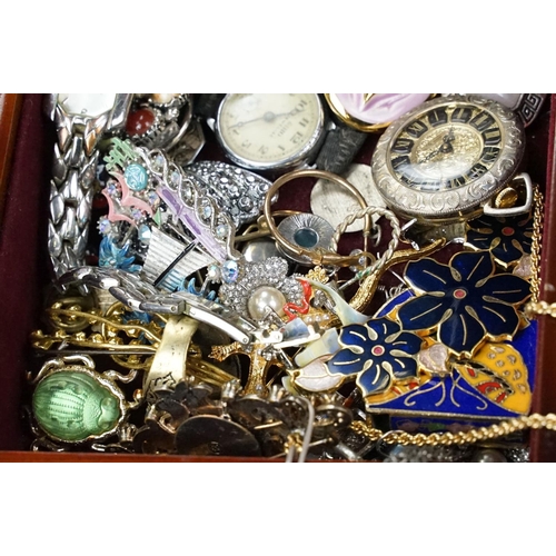 367 - Jewellery box and contents including silver multi stone dress ring, watches and brooches