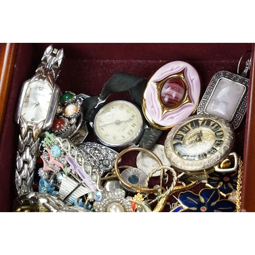 367 - Jewellery box and contents including silver multi stone dress ring, watches and brooches