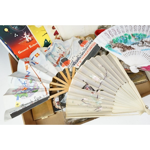 386 - A group of mixed collectables to include pill boxes, watches, fans and a selection of ships menus.