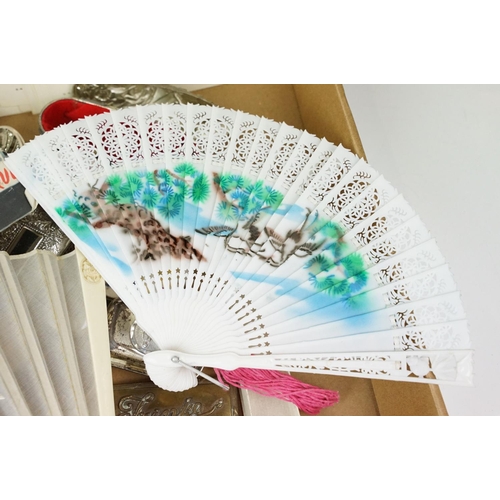 386 - A group of mixed collectables to include pill boxes, watches, fans and a selection of ships menus.