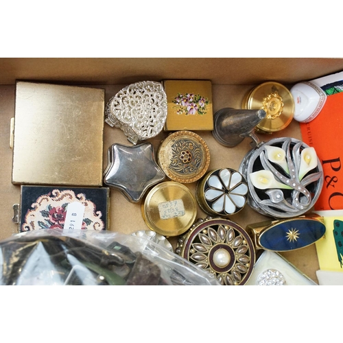 386 - A group of mixed collectables to include pill boxes, watches, fans and a selection of ships menus.