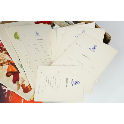 386 - A group of mixed collectables to include pill boxes, watches, fans and a selection of ships menus.