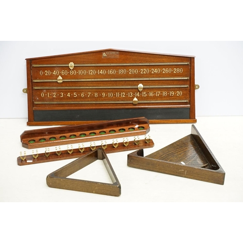 490 - Riley Burwat Ltd snooker / billiards scoreboard, together with a cue rack and triangle & stand