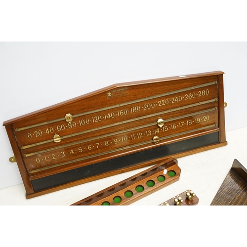 490 - Riley Burwat Ltd snooker / billiards scoreboard, together with a cue rack and triangle & stand