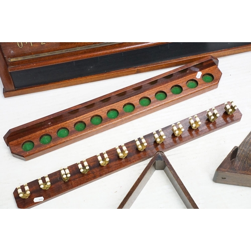 490 - Riley Burwat Ltd snooker / billiards scoreboard, together with a cue rack and triangle & stand