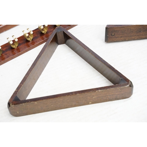 490 - Riley Burwat Ltd snooker / billiards scoreboard, together with a cue rack and triangle & stand
