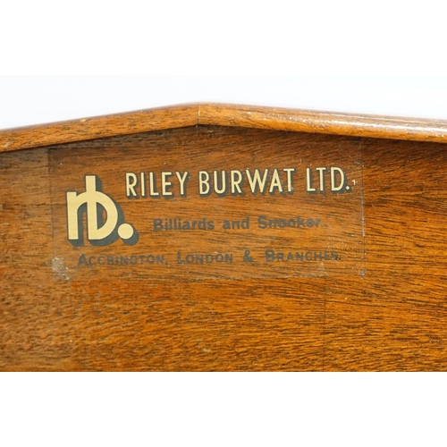 490 - Riley Burwat Ltd snooker / billiards scoreboard, together with a cue rack and triangle & stand