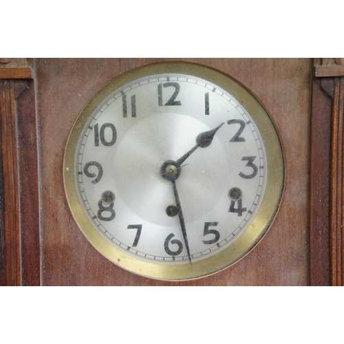 496 - Early 20th century mahogany wall clock, the silvered dial with Arabic numerals, approx 78cm tall