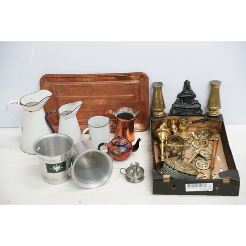 501 - Mixed metal ware to include enamel jugs, copper tray, brass vases, candlesticks, etc. (2 trays)
