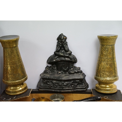 501 - Mixed metal ware to include enamel jugs, copper tray, brass vases, candlesticks, etc. (2 trays)