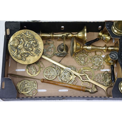 501 - Mixed metal ware to include enamel jugs, copper tray, brass vases, candlesticks, etc. (2 trays)