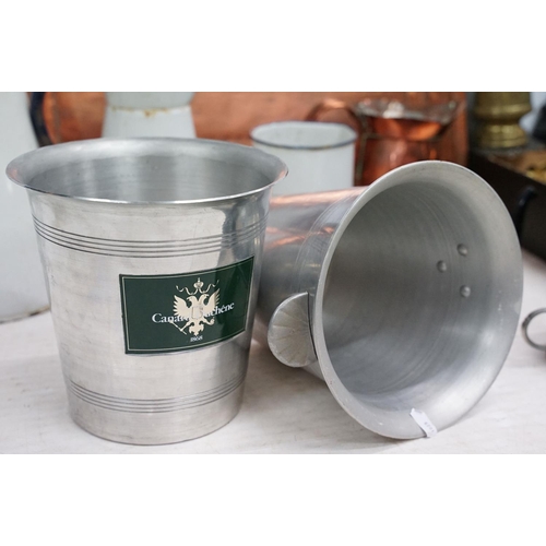 501 - Mixed metal ware to include enamel jugs, copper tray, brass vases, candlesticks, etc. (2 trays)