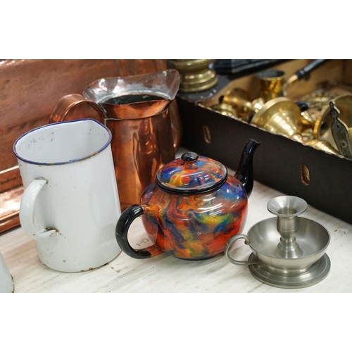 501 - Mixed metal ware to include enamel jugs, copper tray, brass vases, candlesticks, etc. (2 trays)