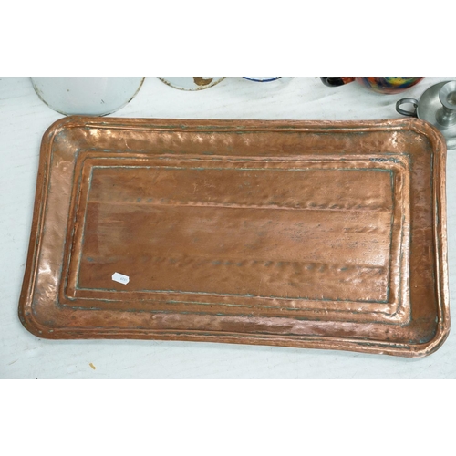 501 - Mixed metal ware to include enamel jugs, copper tray, brass vases, candlesticks, etc. (2 trays)