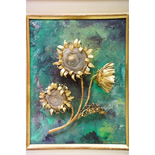 6 - Gilt metal and mineral specimen sunflower study mounted onto an oil on board, signed lower right and... 