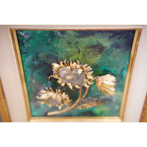 6 - Gilt metal and mineral specimen sunflower study mounted onto an oil on board, signed lower right and... 