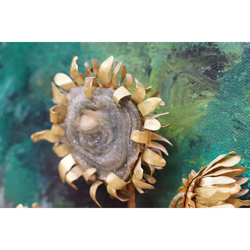 6 - Gilt metal and mineral specimen sunflower study mounted onto an oil on board, signed lower right and... 