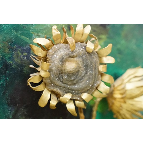 6 - Gilt metal and mineral specimen sunflower study mounted onto an oil on board, signed lower right and... 