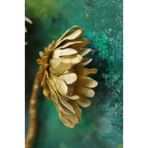 6 - Gilt metal and mineral specimen sunflower study mounted onto an oil on board, signed lower right and... 