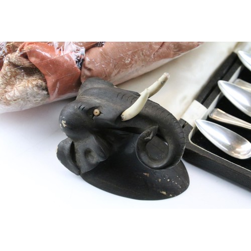 450 - Assorted 20th Century items to include a Christy's of London hat, small tribal mask, two brass and c... 