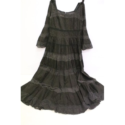 451 - Vintage Mexican black hand stitched crochet panel dress. Mexicana lower Sloane Street london label w... 