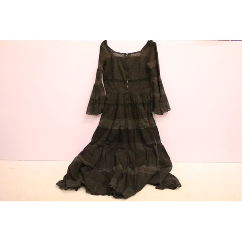 451 - Vintage Mexican black hand stitched crochet panel dress. Mexicana lower Sloane Street london label w... 